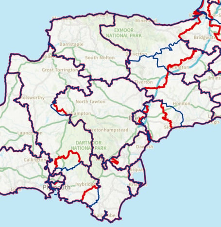 In blue, existing constituencies, and in red, proposed changes to electoral boundaries across Devon by the Boundary Commission for England (BCE).
Ties with LDR story on boundary changes (March 2022)