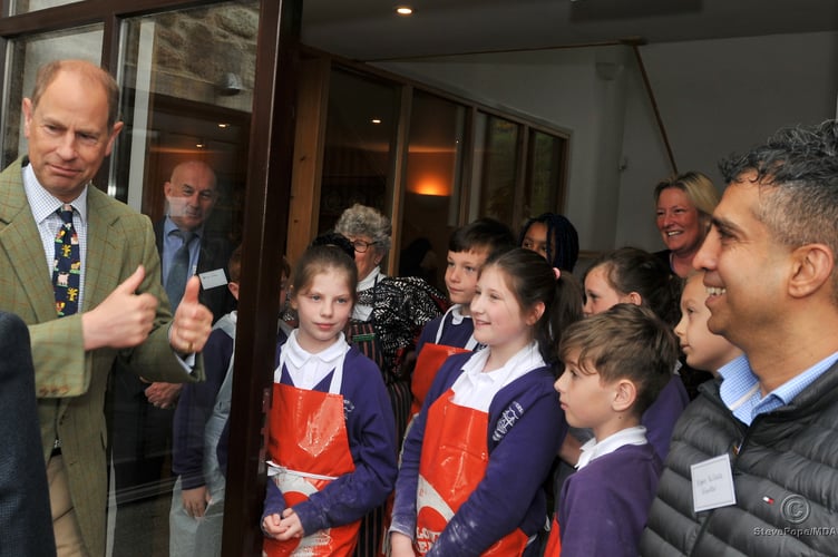 Photo: Steve Pope MDA030522A_SP003
TRH The Earl and Countess of Wessex visit East Shallowford Farm on Dartmoor to open the Farm Development Project 2022. A thumbs up from the Earl for scone-making youngsters of Riverside Community Primary School