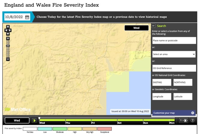 A very high risk of fire in Teignbridge according to the Met Office Fire Severity Index.