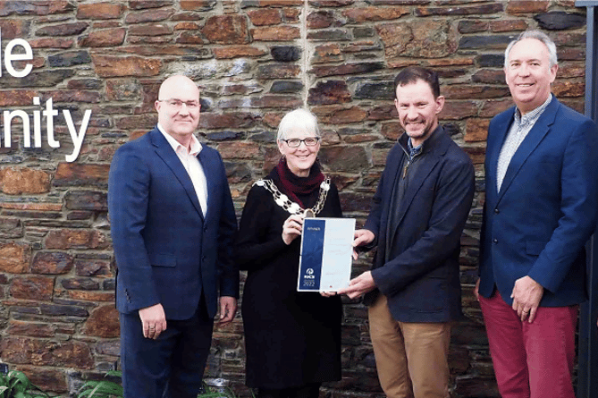 Pictured from left: Nick England (Devon Contractors), Cllr Sheila Brooke, (Mayor of Bovey Tracey), Paul Cooper and Peregrine Mears, (Peregrine Mears Architects), Mark Wells (Bovey Tracey town clerk).        