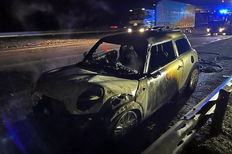 Crews from Middlemoor Fire Station and Danes Castle Fire Station - Exeter were mobilised to a car fire on the M5 yesterday evening. On arrival crews donned breathing apparatus and used a hose reel to extinguish the fire.
Picture: Danes Castle Fire Station (March 2 2023)