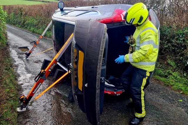 Couple and a dog rescued from overturned car