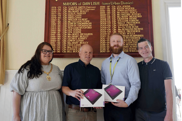 Cllr Rosie Dawson, Robin Blackmore (Dawlish Library Supervisor),  Dan Miliffe (Head of Careers and Futures, Oakwood Specialist College) and Alex Dennett (Dawlish Library Customer Service Assistant).