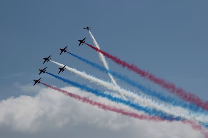 Derek Bryant, of Badlake Close  Dawlish, writes: Brilliant Red arrows at the teignmouth air show last saturday. Here's  a photo that might be of interest to your readers.
