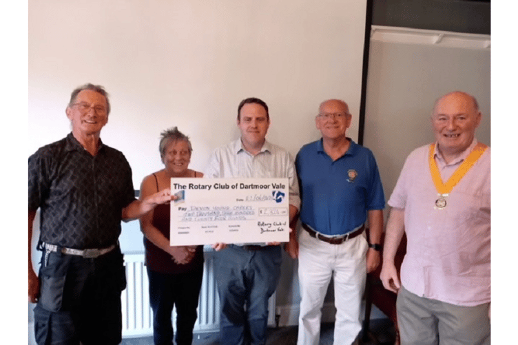 From left to right: Rick Birmingham, Team Highweek and vice president of the Dartmoor Vale Rotary Club, Polly Taylor, landlady and fundraising team leader of the Highweek Village Inn, Andy Hood, Devon Young Carers, Ken Newall, club secretary of the Dartmoor Vale Rotary Club and Ian Wanless, president of the Dartmoor Vale Rotary Club.