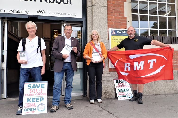 Local Lib Dem councillor Jackie Hook and Teignbridge Parliamentary candidate Martin Wrigley were also present to support the protest at Newton Abbot Station to keep ticket offices open.
Picture: Mike Puleston (28-8-23)