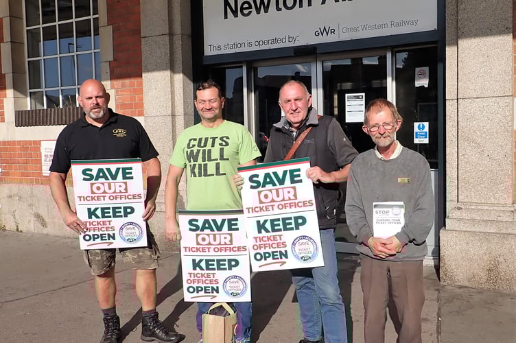 AROUND a dozen activists protested for two hours outside Newton Abbot Railway station, lobbying passengers about the proposed closure of Newton Abbot ticket office and giving out leaflets calling on people to respond to the public consultation by September 1.
Picture: Mike Puleston (28-8-23)