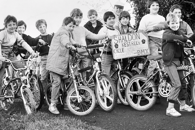 Young riders from the Shaldon Kestrels Cycle/BMX Club on a ride out in November 1986