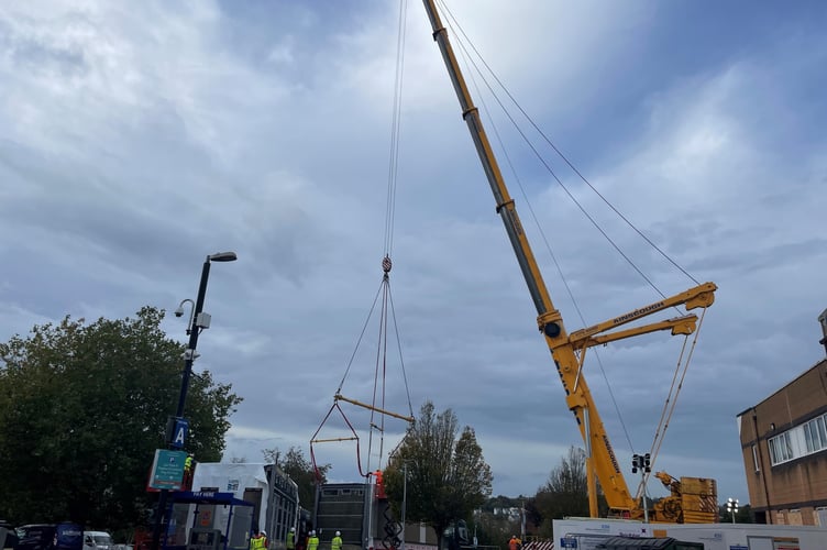 Crane in use during construction of new theatres at Torbay Hospital