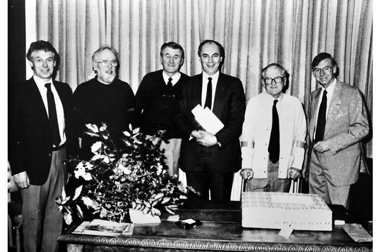 Retiring lecturers at Seal-Hayne College in Decemebr 1990 who’d totalled up over a century of service between them. From left: Michael Atkinson (21 years) , Stuart Hands (24 years), Ken Milton (13 years), Professor Fred Harper the College Dean, Ted Thorpe (34 years) and Peter Beale (15 years).