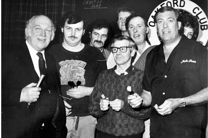 Darts legend John Lowe on a visit to the oche at Kingsteignton’s Oakford Club in April
1986