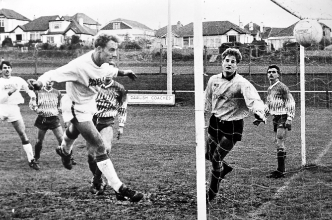 Wayne Konetsky finds the back of the net in a match between Dawlish and Barnstaple in November 1990