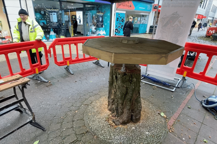 The brand new table where the alder tree once stood in Courtenay Street, Newton Abbot