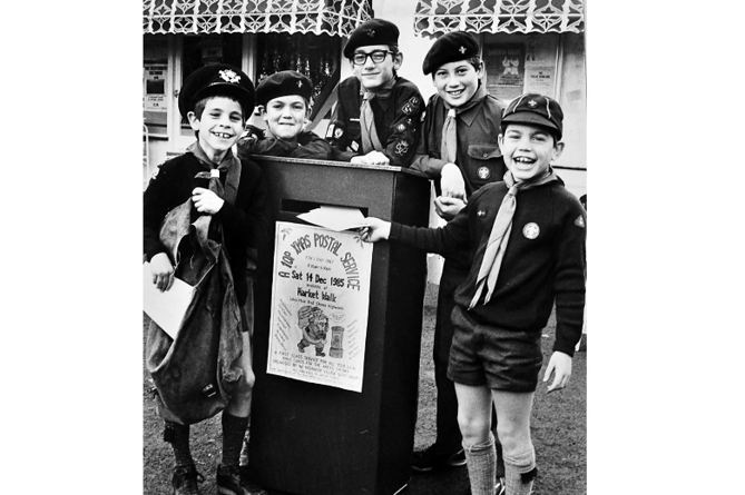 Post early with us for Christmas was the message from Highweek Village Scouts as they got their post box ready for business in November 1985. Pictured here from left are:  Luke Twitchin, Craig Brooks, Scott Manning, Jason Rossitor and Tim Baker