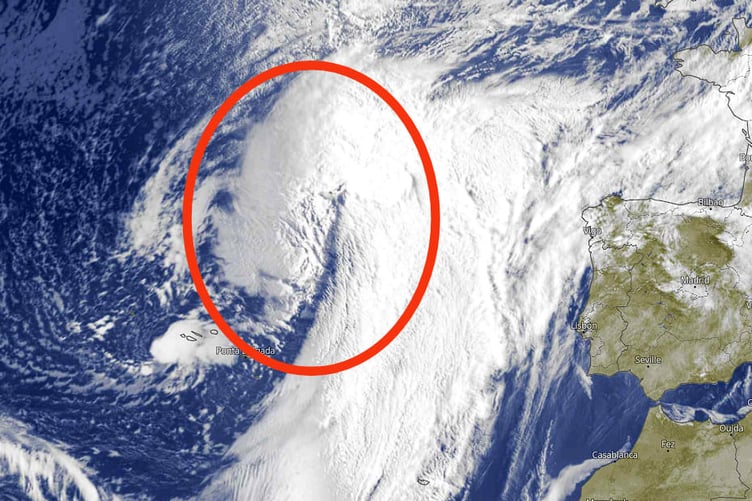 Storm Kathleen pictured here is currently over the Atlantic – the storm is forecast to bring strong winds