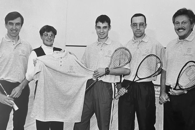 October 1995. New sponsorship for Newton Abbot Squash Club Men's 1st Team. From left Bob Coates , Mary Hooper from sponsors Francis Clark, Paul Dart, Dave Brown and Keith Mitchell