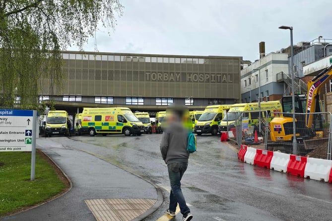Ambulances waiting outside Torbay Hospital main entrance at the weekend. Photo Spotted Torquay