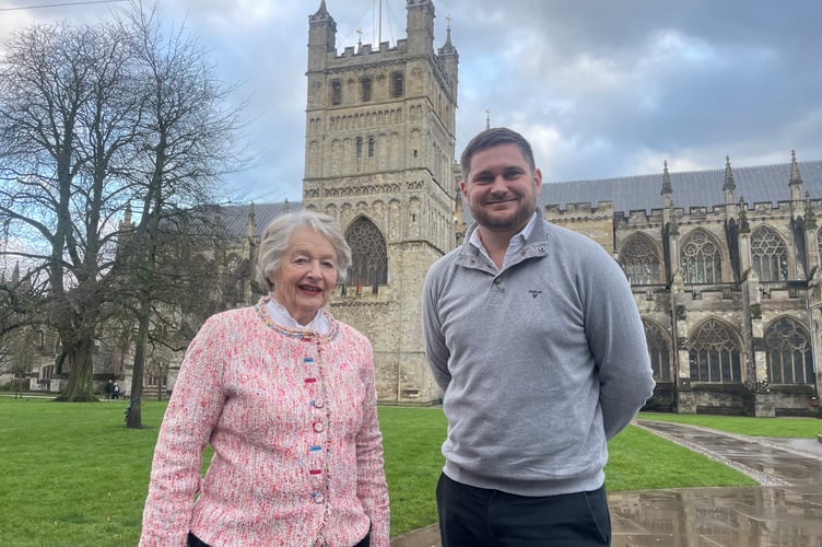 Anne Eyre and Matthew Cousins in front of the Cathedral’s North Tower.  AQ 7754