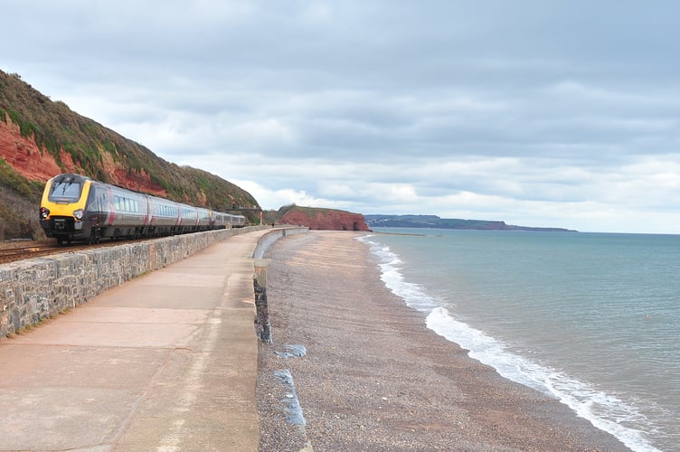 Photo: Steve Pope  MDA060323A_SP002
Dawlish. Coast view towards Dawlish Warren showing seawall and train