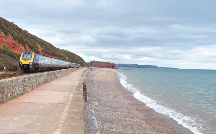 Photo: Steve Pope  MDA060323A_SP002
Dawlish. Coast view towards Dawlish Warren showing seawall and train