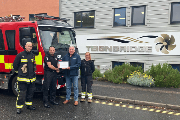 FF Dan Harrity, who has been with Teignbridge Propellers for seven years, Station Manager Scott Leaman, Teignbridge Propellers' Managing Director, Mark Phare, and the company's newest recruit Charlie Plyer