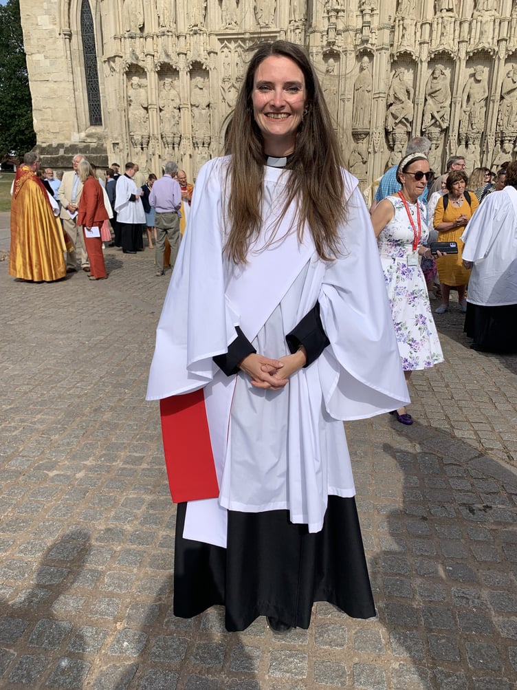 Revd Jenny Weigel at Exeter Cathedral to mark the 30th anniversary of the ordination of women in the Church of England