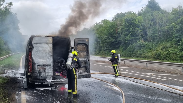 Firefighters from Newton Abbot and Torquay tackled a van fire on the A380. Photo Newton Abbot Fire Station