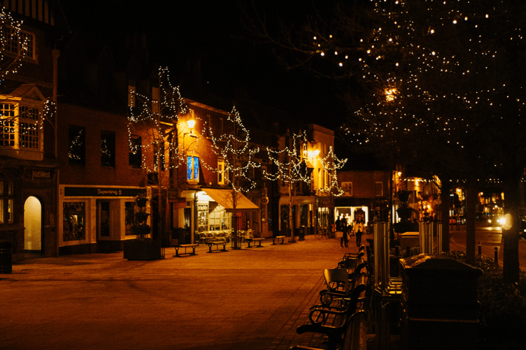 Stock image of town illuminated with Christmas lights