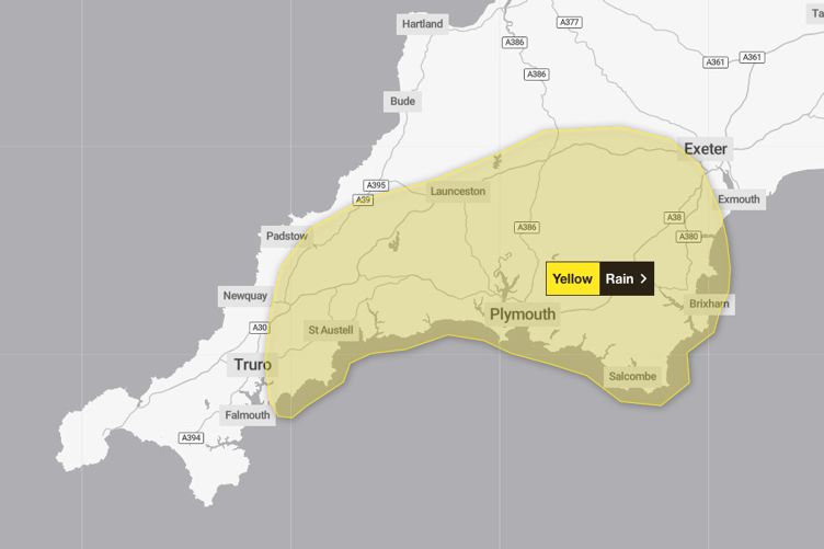A yellow weather warning for rain on Saturday, November 23, may cause Newton Abbot's Christmas light-switch on to be cancelled