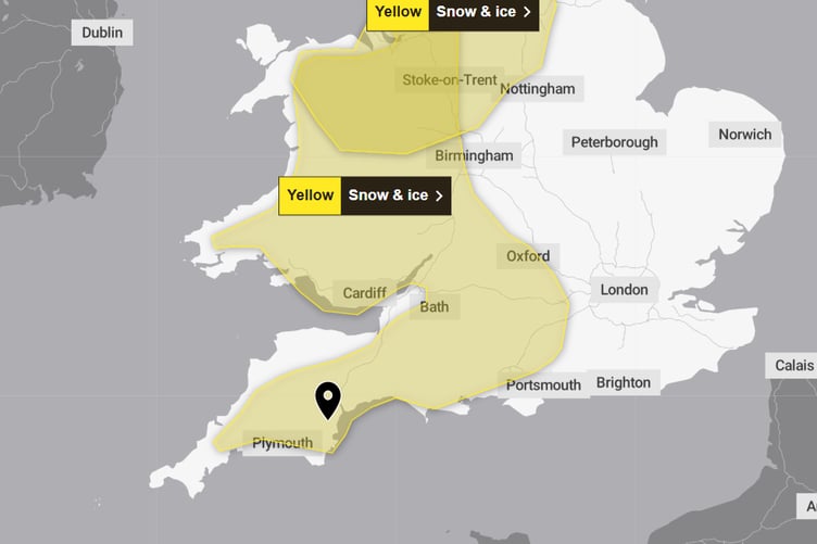 The warning for snow and ice comes into force from 5pm on Monday, January 6