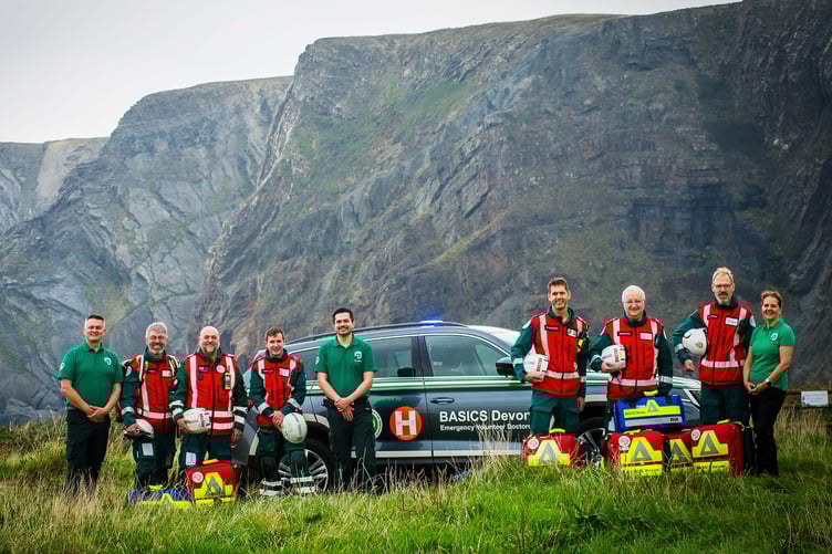 BASICS Devon Volunteers - Left to Right; Robert Horton, Dr Thomas Owens, Dr Tony Golding-Cook, Dr Simon Scott-Hayward, Conor, Dr Fred Declerck, Dr Andy Smith, Dr Angus Macdonald, Glenda Cooper