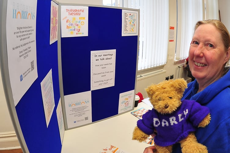 Health and Wellbeing Fair held at Newton Abbot Library. Lynda Steer from Brighter Horizons, a peer supprt mental health group for ladies over the age of 18