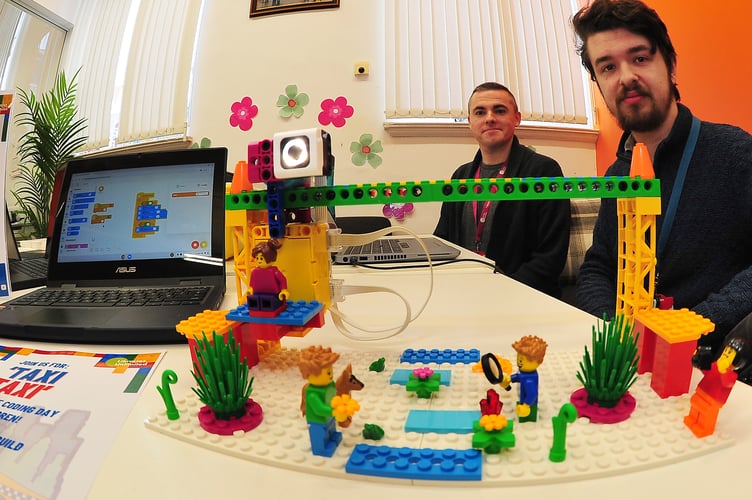 Health and Wellbeing Fair held at Newton Abbot Library. Stewart Miller and Matt Lovell from Lego Spike