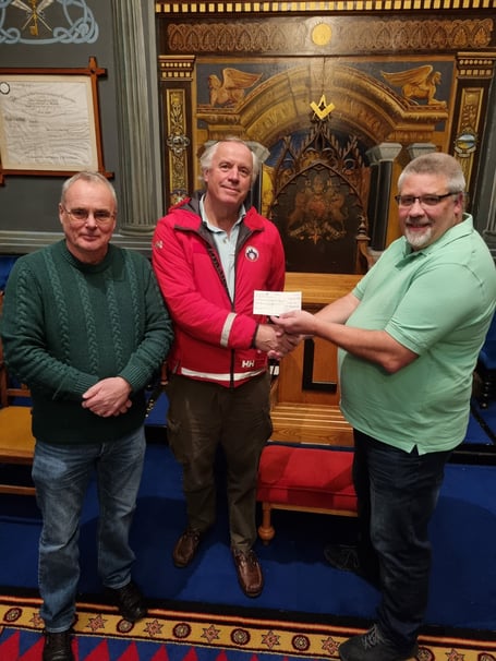Pictured are Bro Derek Burtenshaw (Master Elect of Courtland Lodge), Alec Collyer MBE (Treasurer Dartmoor Rescue Group) and Mike Locke (Charity Steward of the Lodge). Photo Dartmoor Rescue Group 