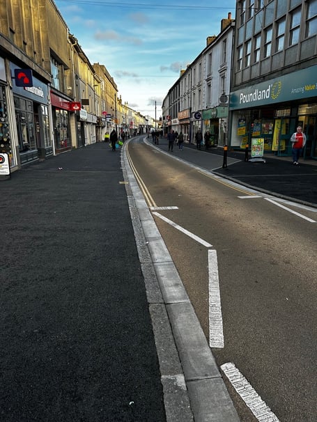 Queen Street, Newton Abbot is lacking dropped kerbs. Photo Nigel Canham