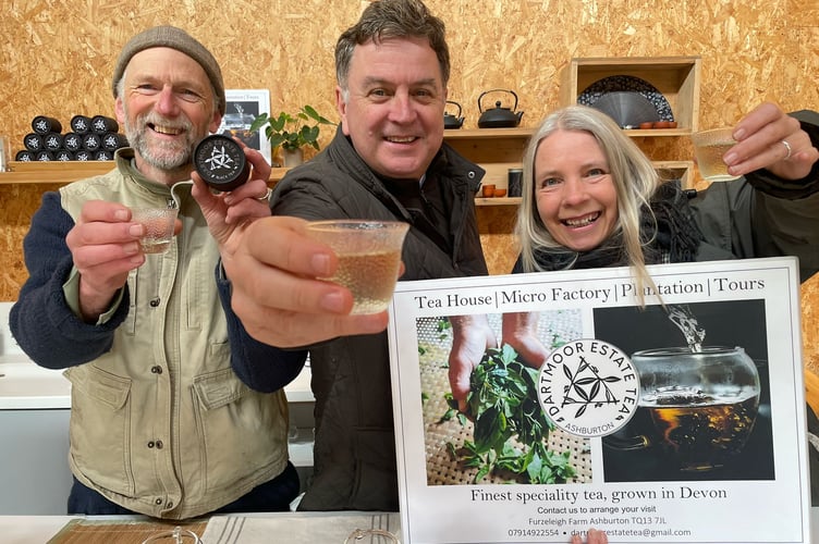 Dartmoor Estate Tea founders Jo and Kathryn Harper celebrate 10 years in business with Mel Stride MP. 