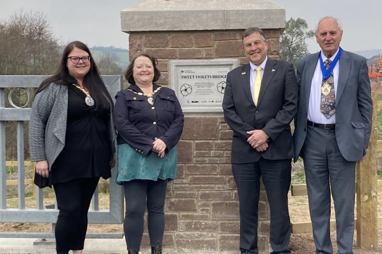 Official opening of new Dawlish link bridge, left to right Rosie Dawson, Teignbridge Council chairman and  Dawlish town councillor, Mayor of Dawlish Cllr Lin Goodman-Bradbury, MP Martin Wrigley and chairman of Devon County Council Cllr John Hart. 