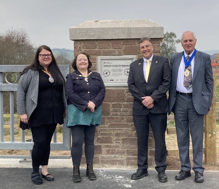 Official opening of new Dawlish link bridge, left to right Rosie Dawson, Teignbridge Council chairman and  Dawlish town councillor, Mayor of Dawlish Cllr Lin Goodman-Bradbury, MP Martin Wrigley and chairman of Devon County Council Cllr John Hart.