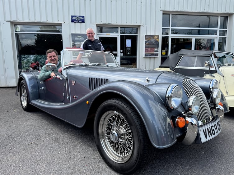 Central Devon MP Sir Mel Stride in a Morgan car at Berrybrook in Exminster