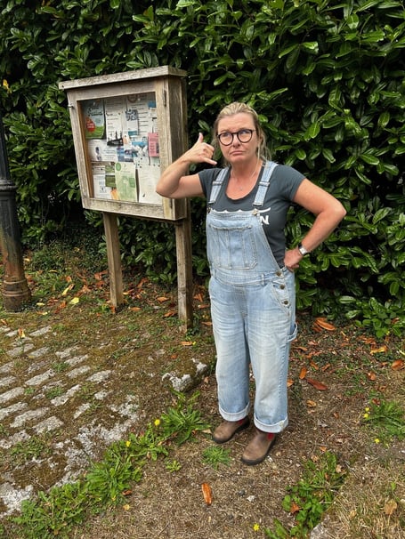 Emma de la Fosse where the Manaton phone box used to be. 