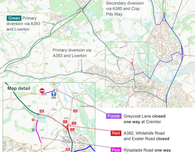 Planned diversions for work on the A382. Photo Devon County Council 