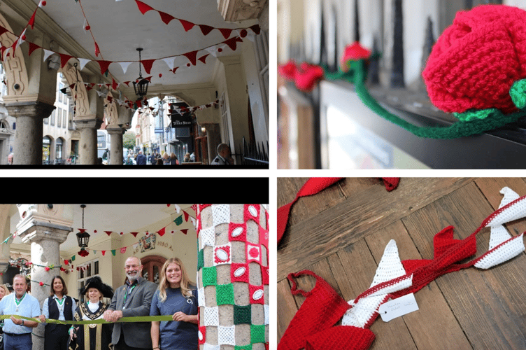 Members of Newton Abbot WI crocheted red and white
bunting as part of the 'Yarn Bombing' event in celebration of the 2025 Women's Rugby World Cup