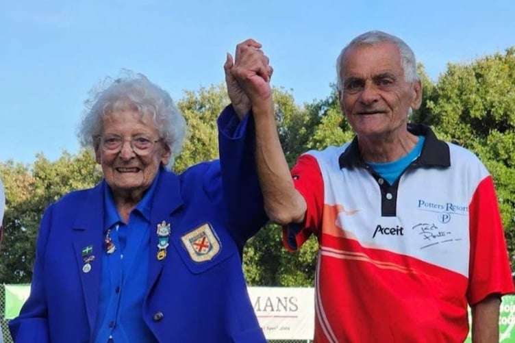 Bitton Park Bowls Club President Di Vodden with Jim Harvey after the final end.