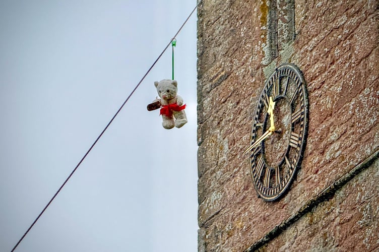 Teddy on a wire at Isington Teddy Tower Day