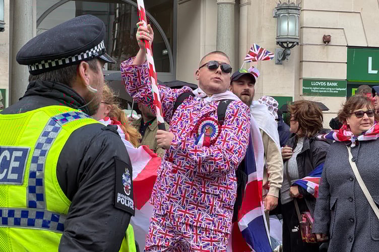 A colourful suit for one of the British Unity Walk protestors.  AQ 6417
