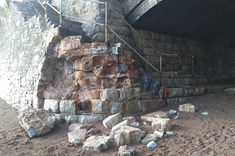 The damaged steps at the Smugglers Lane end of the sea wall at Holcombe.