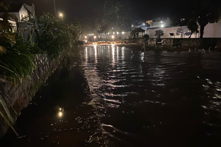 Water levels on the Brook in Dawlish last night. Photo WADE