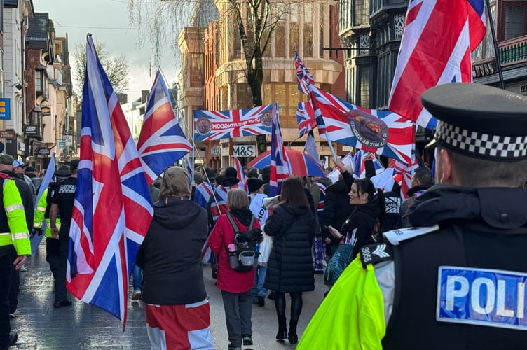 Britain First and UKIP marchers make their way down Exeter High Street.  AQ 2588
