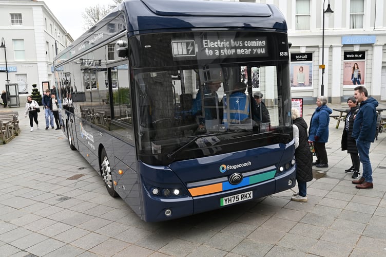 Stagecoach show off their new electic bus, resplendent in its new livery, in the centre of Newton Abbot