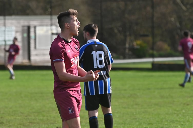 South Devon Football League Premier Division, Match action from Newton Abbot Spurs 2nds versus Chudleigh Athletic. The match was played at Chudleigh's Kate Brook ground rather than the Rec with Chudleigh taking a 5-1 win over Spurs.